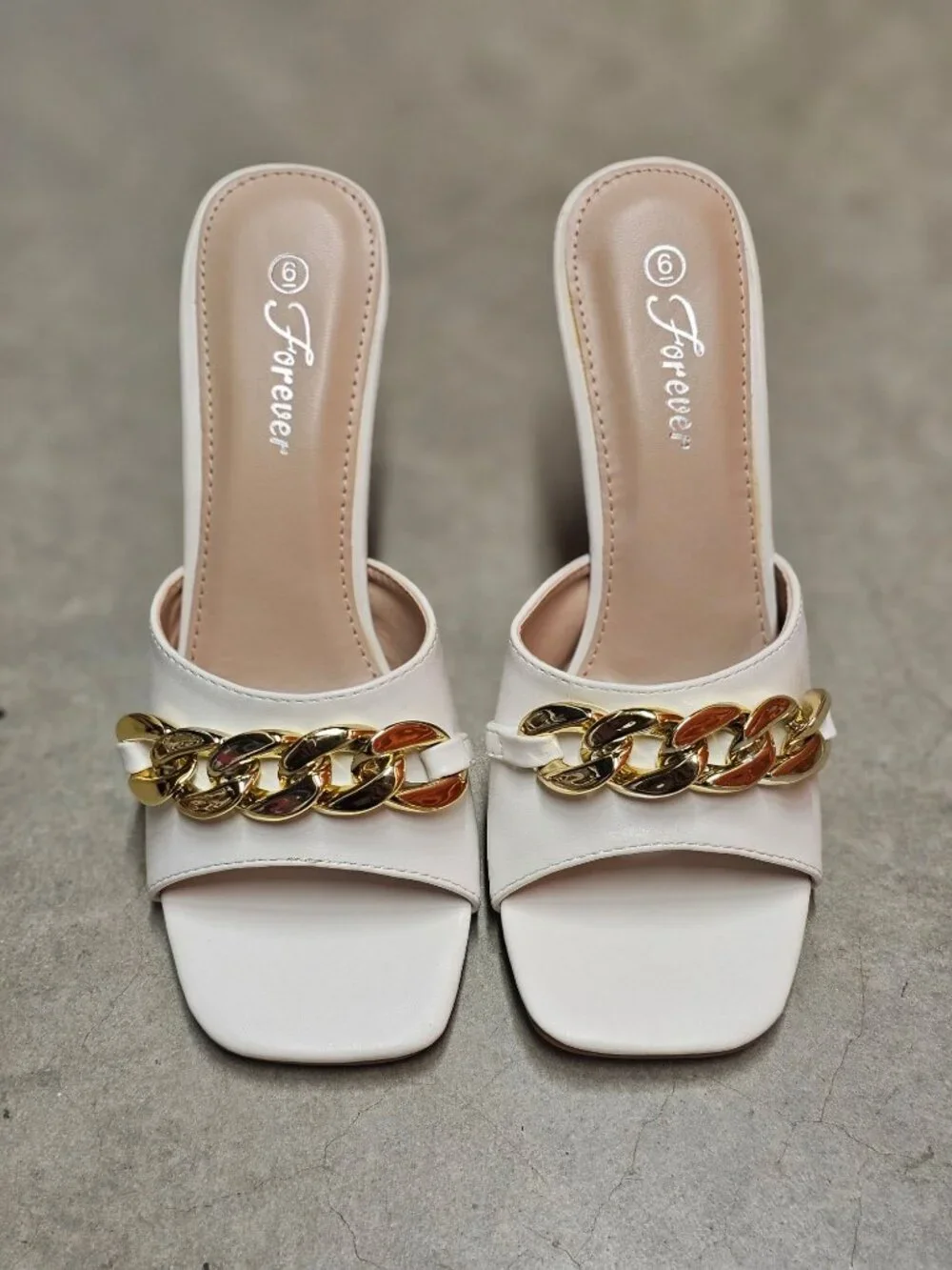 White High-Heel Mules With Gold Chain Accent - Forever Brand - Chic Open-Toe Des